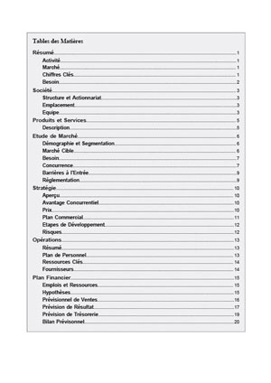 table des matières du modèle de business plan de restaurant